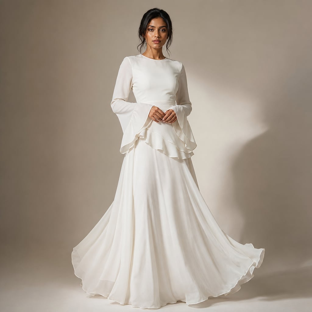 Modelo con vestido maxi blanco de volantes en corpiño y manga acampanada, falda que llega al suelo con vuelo amplio