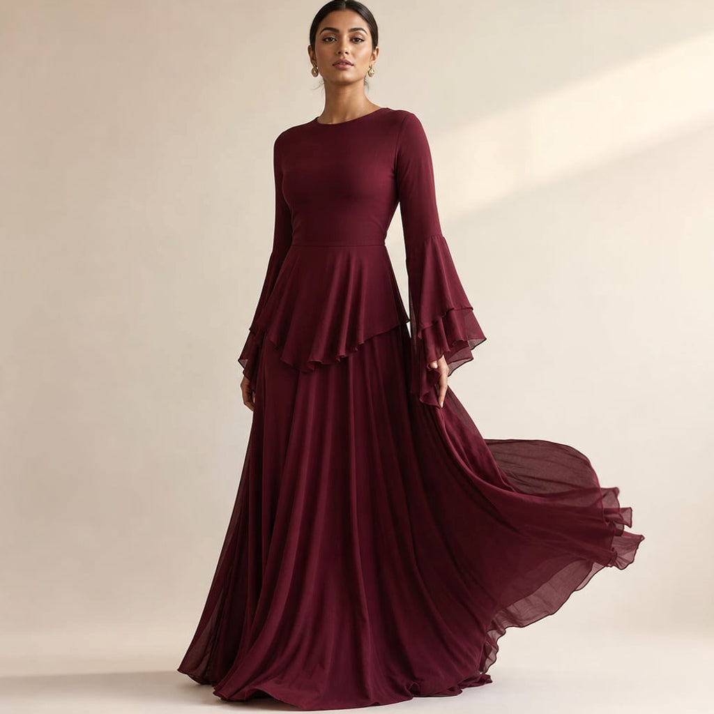 Vestido maxi con volantes en manga y falda amplia en Bordeaux – Labetina