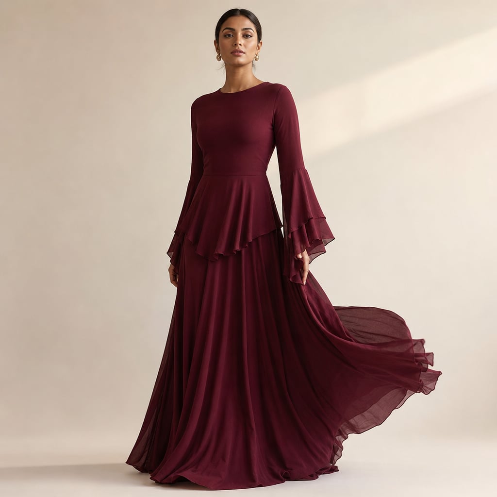 Vestido maxi con volantes en manga y falda amplia en Bordeaux – Labetina