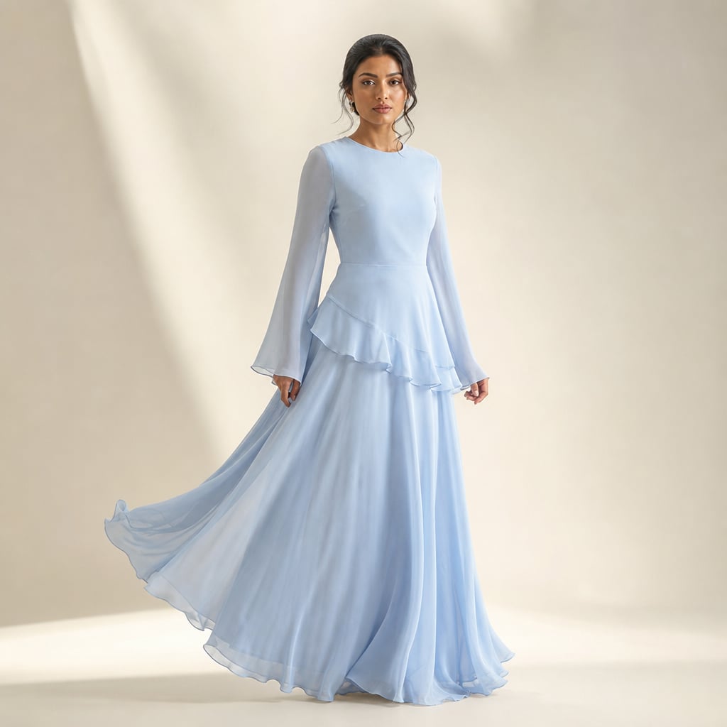 Vestido maxi con volantes en manga y falda amplia en Light Blue – Labetina