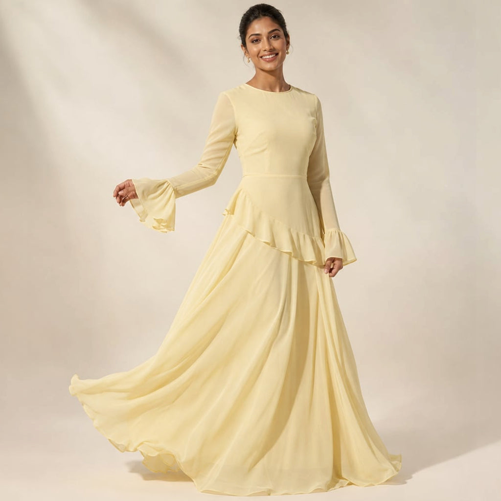 Vestido maxi con volantes en manga y falda amplia en Light Yellow – Labetina