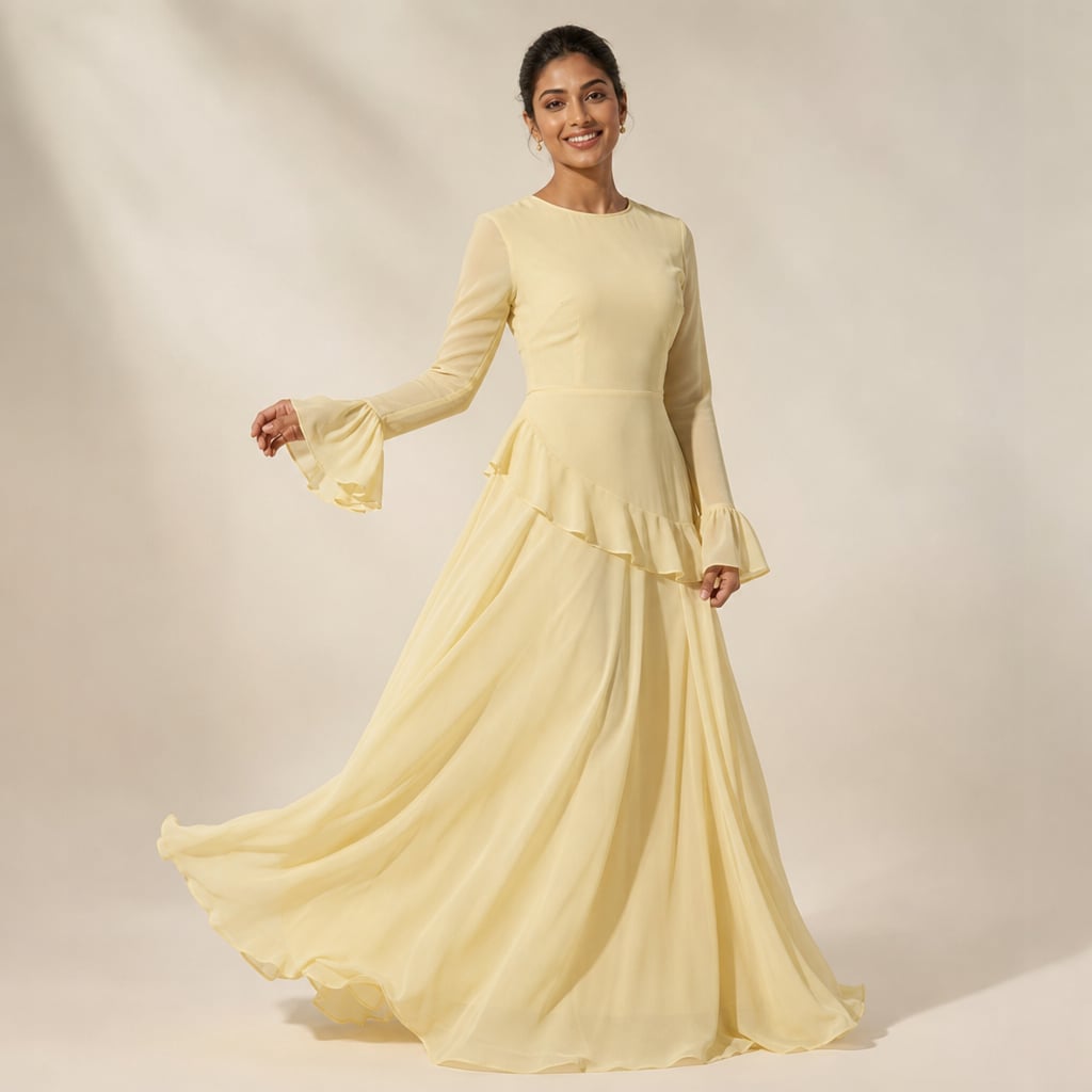 Vestido maxi con volantes en manga y falda amplia en Light Yellow – Labetina