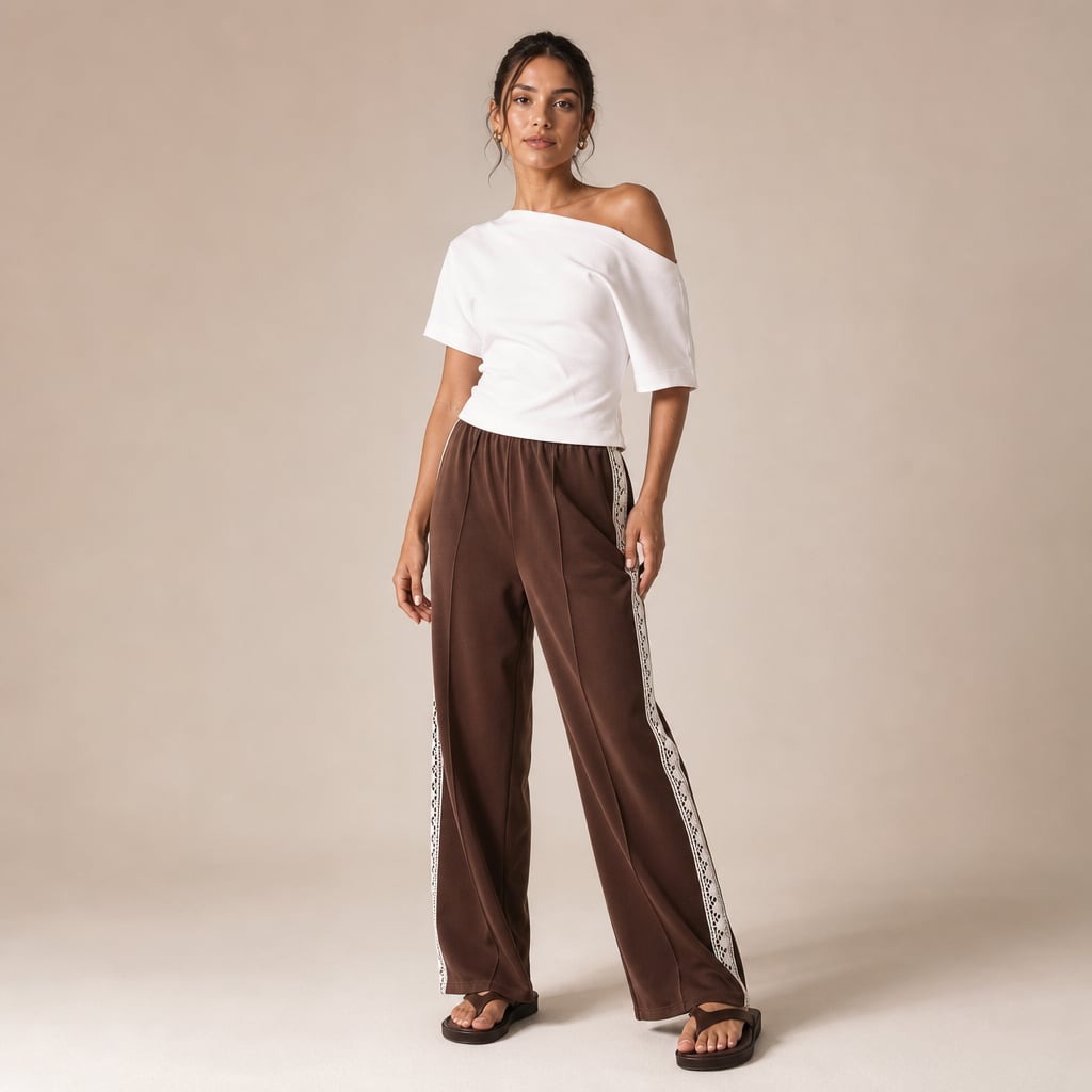 Pantalón recto plisado color chocolate con franja lateral y remate de encaje en el tobillo, vista frontal completa