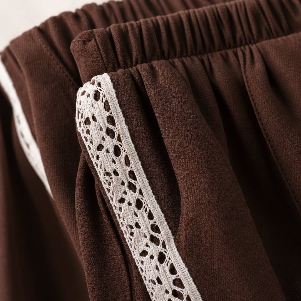 Pantalón de corte recto plisado con franja lateral y orilla de encaje Chocolate/Encaje – Labetina