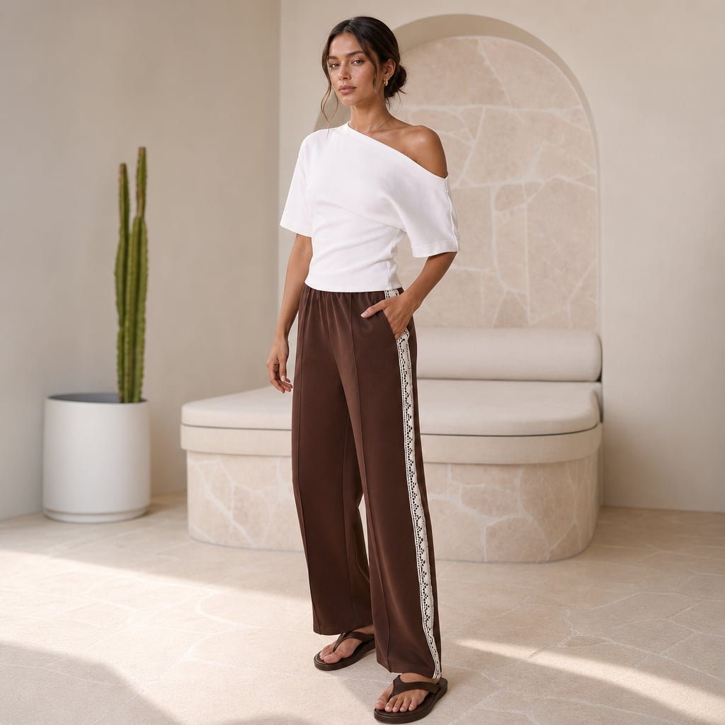 Pantalón de corte recto plisado con franja lateral y orilla de encaje Chocolate/Encaje – Labetina