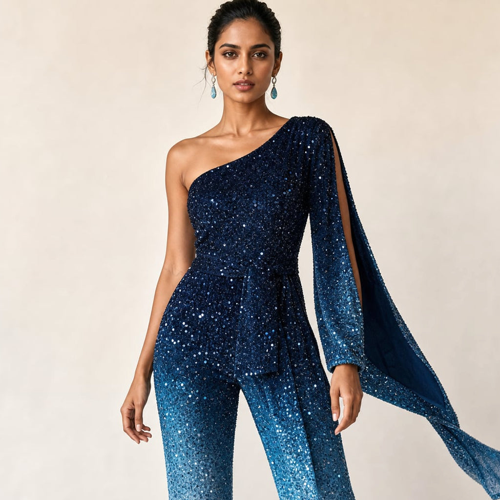 Jumpsuit wide-leg de un hombro en degradado azul con pierna amplia al piso visto de frente