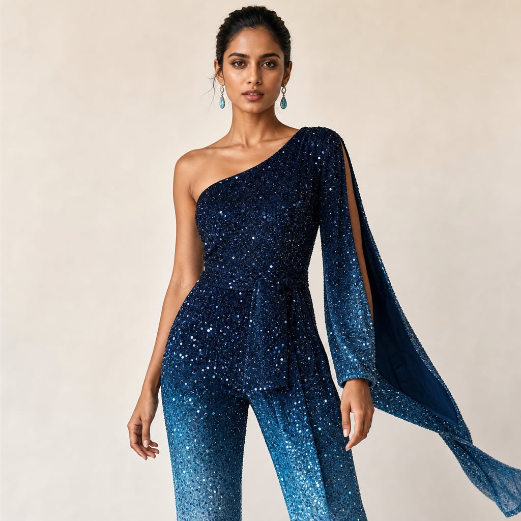 Jumpsuit wide-leg de un hombro en degradado azul con pierna amplia al piso visto de frente