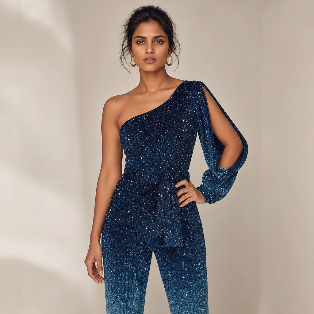 Modelo con jumpsuit azul ombre de un hombro y pierna flare, largo al piso, en posición de tres cuartos