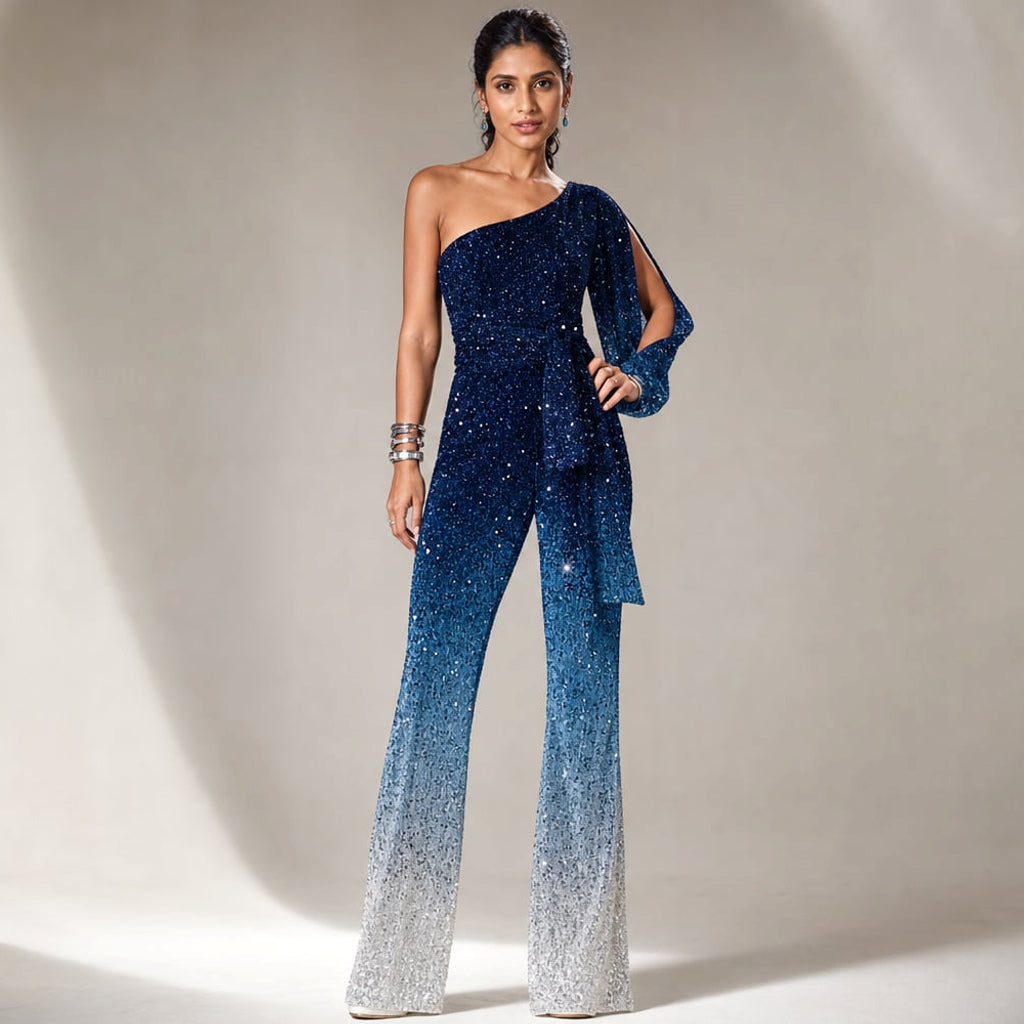 Jumpsuit wide-leg un hombro degradado azul largo – Labetina