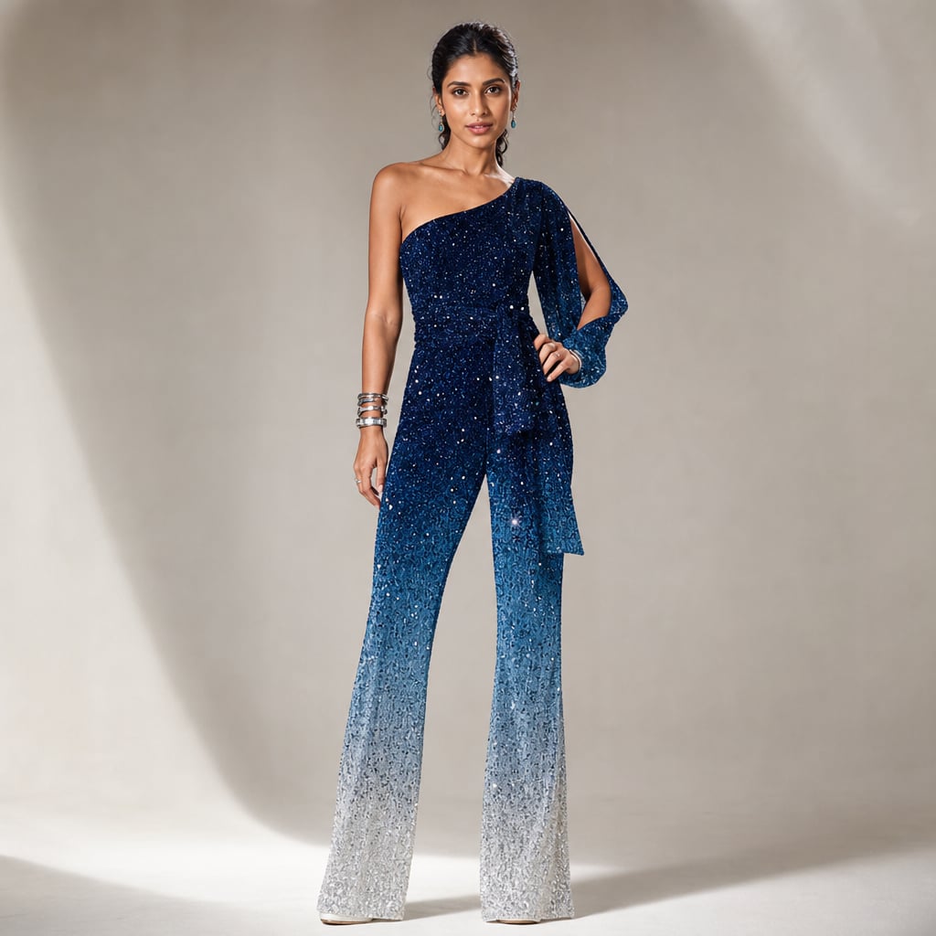 Jumpsuit wide-leg un hombro degradado azul largo – Labetina