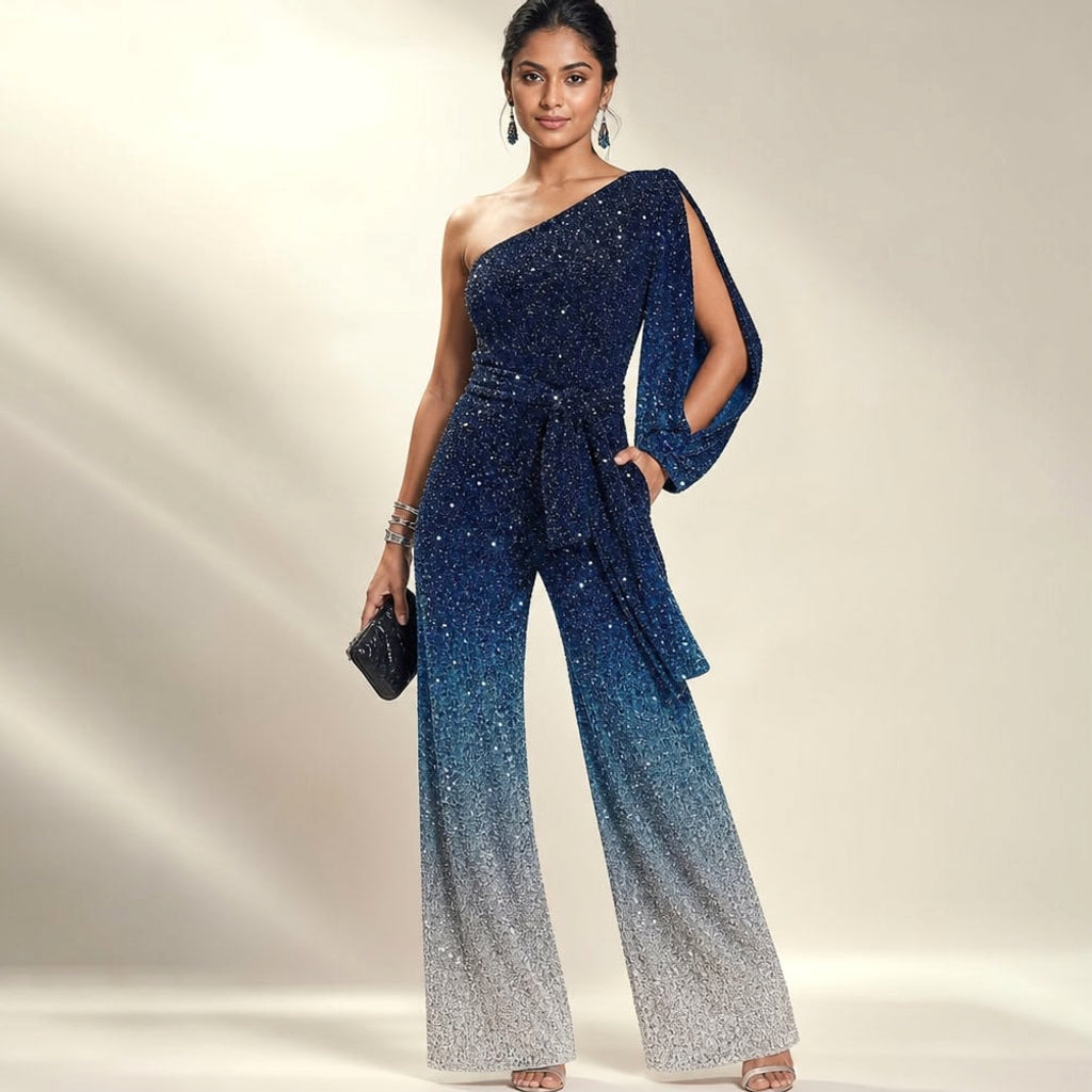 Jumpsuit wide-leg un hombro degradado azul largo – Labetina