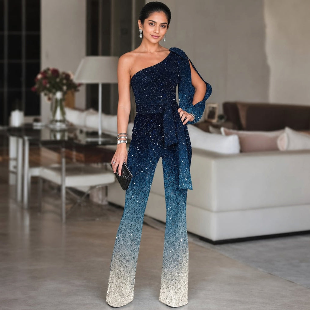 Jumpsuit wide-leg un hombro degradado azul largo – Labetina