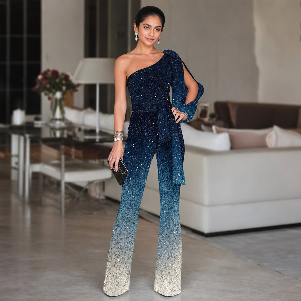 Jumpsuit wide-leg un hombro degradado azul largo – Labetina