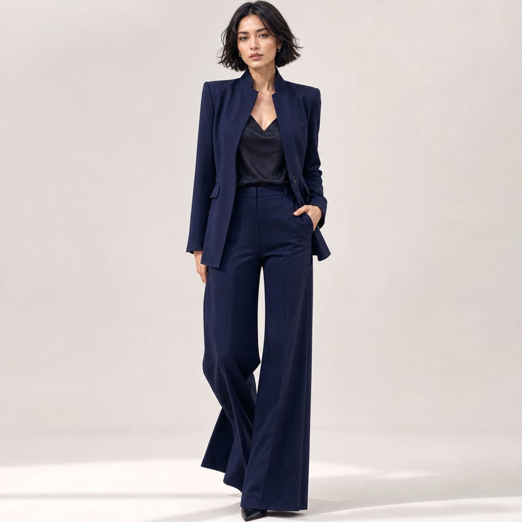 Conjunto de dos piezas azul marino con blazer de cuello alto y un solo botón, pantalón de pierna ancha de tiro alto, vista frontal completa
