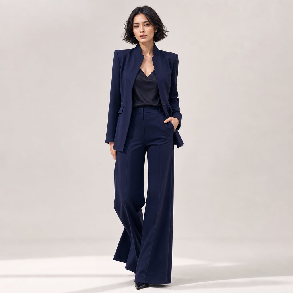 Conjunto de dos piezas azul marino con blazer de cuello alto y un solo botón, pantalón de pierna ancha de tiro alto, vista frontal completa