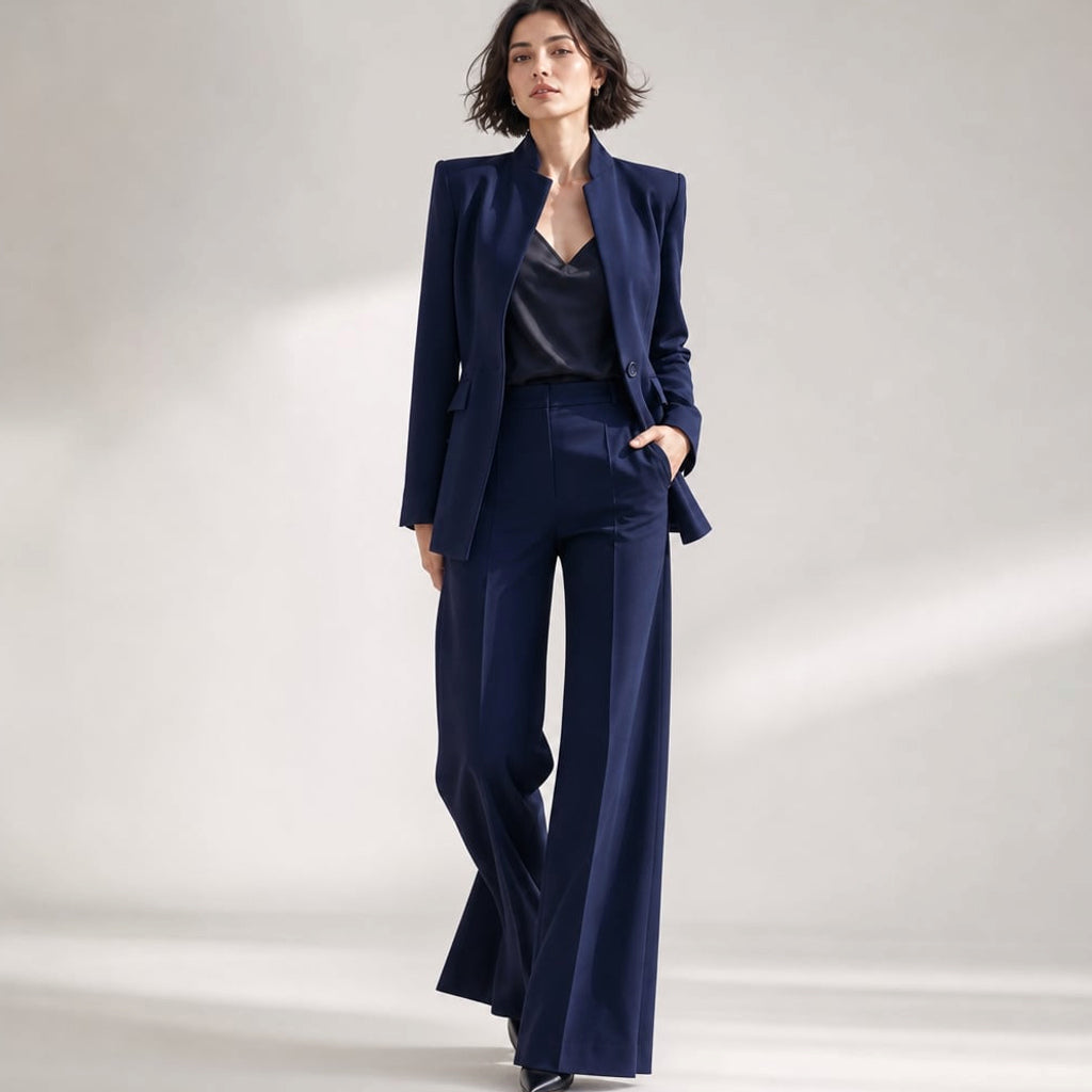 Modelo de pie con conjunto azul marino de blazer cuello alto y pantalón pierna ancha, mostrando la caída completa del pantalón hasta el suelo