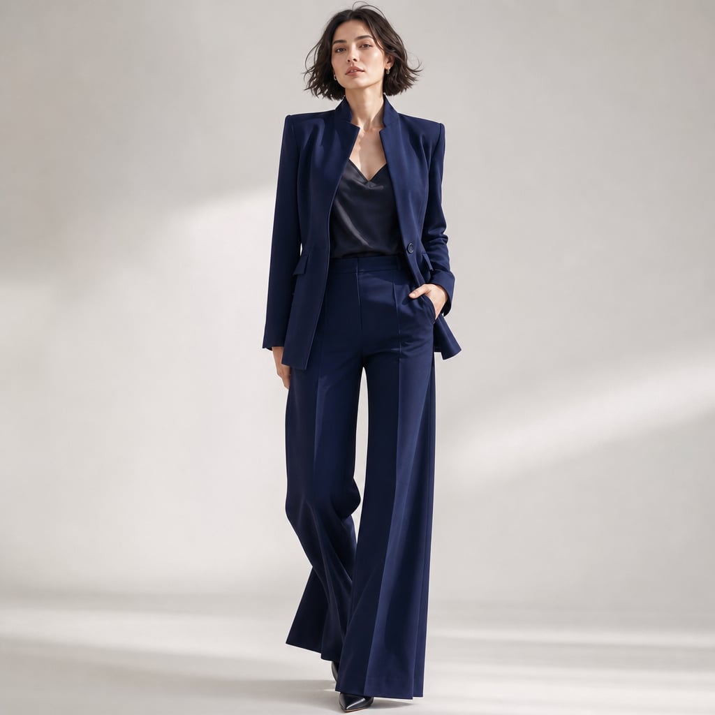 Modelo de pie con conjunto azul marino de blazer cuello alto y pantalón pierna ancha, mostrando la caída completa del pantalón hasta el suelo