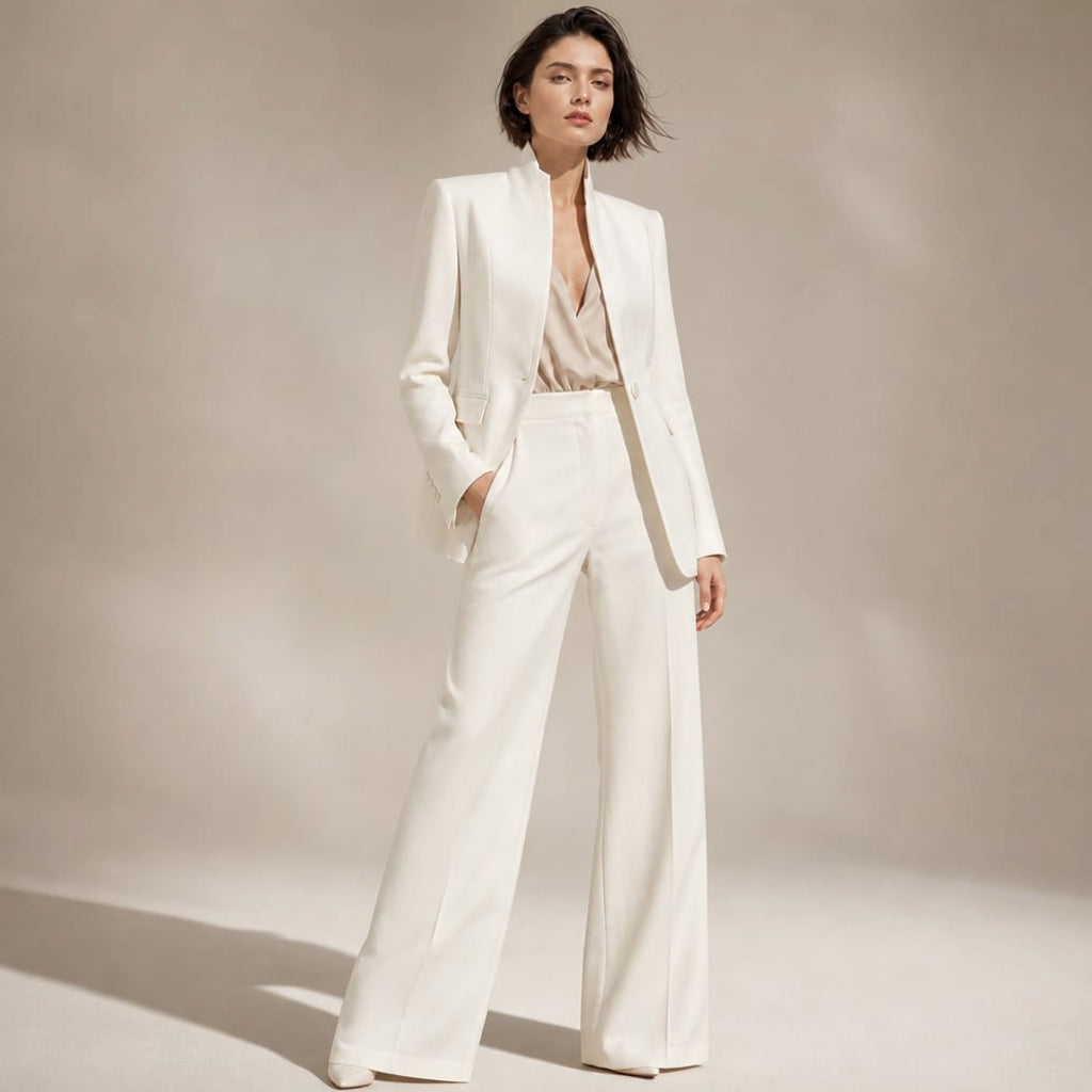 Conjunto de dos piezas cuello alto blazer pierna ancha en White – Labetina