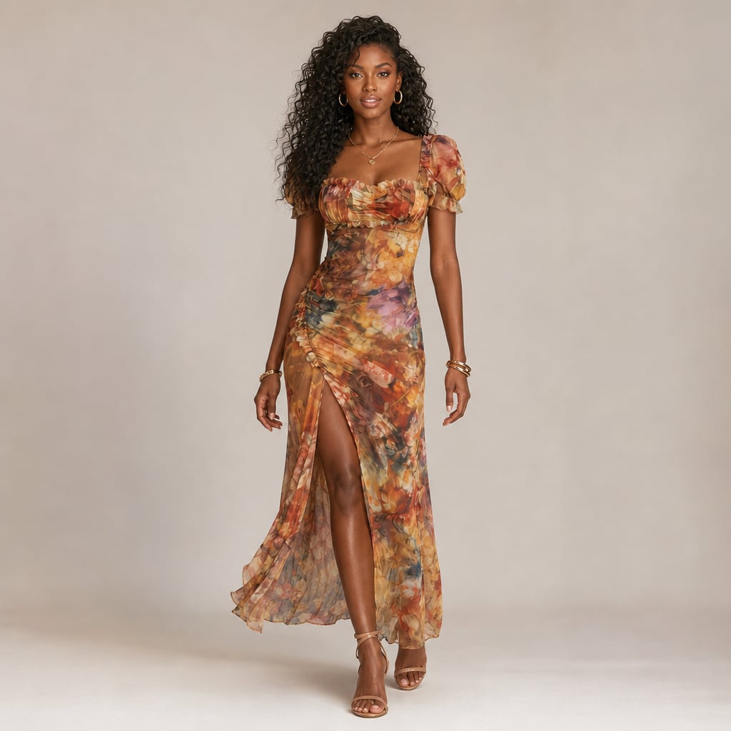 Vestido midi de punto fruncido con mangas de volantes y abertura frontal en estampado multicolor