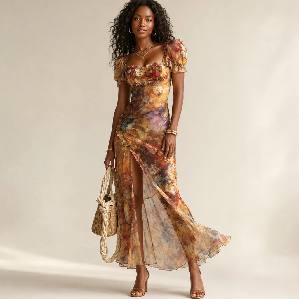 Modelo usando vestido midi entallado con fruncido vertical, mangas con volantes y abertura frontal, estampado multicolor cálido