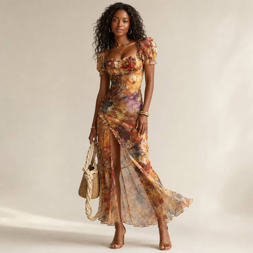 Modelo usando vestido midi entallado con fruncido vertical, mangas con volantes y abertura frontal, estampado multicolor cálido