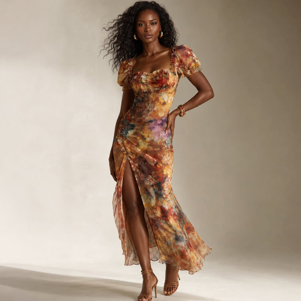 Vestido midi de punto fruncido mangas con volantes multicolor – Labetina