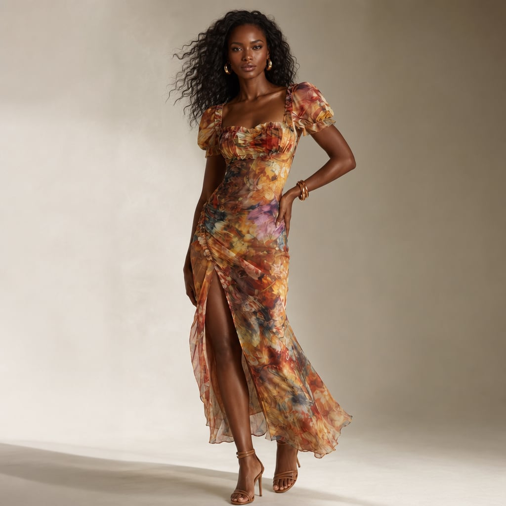 Vestido midi de punto fruncido mangas con volantes multicolor – Labetina