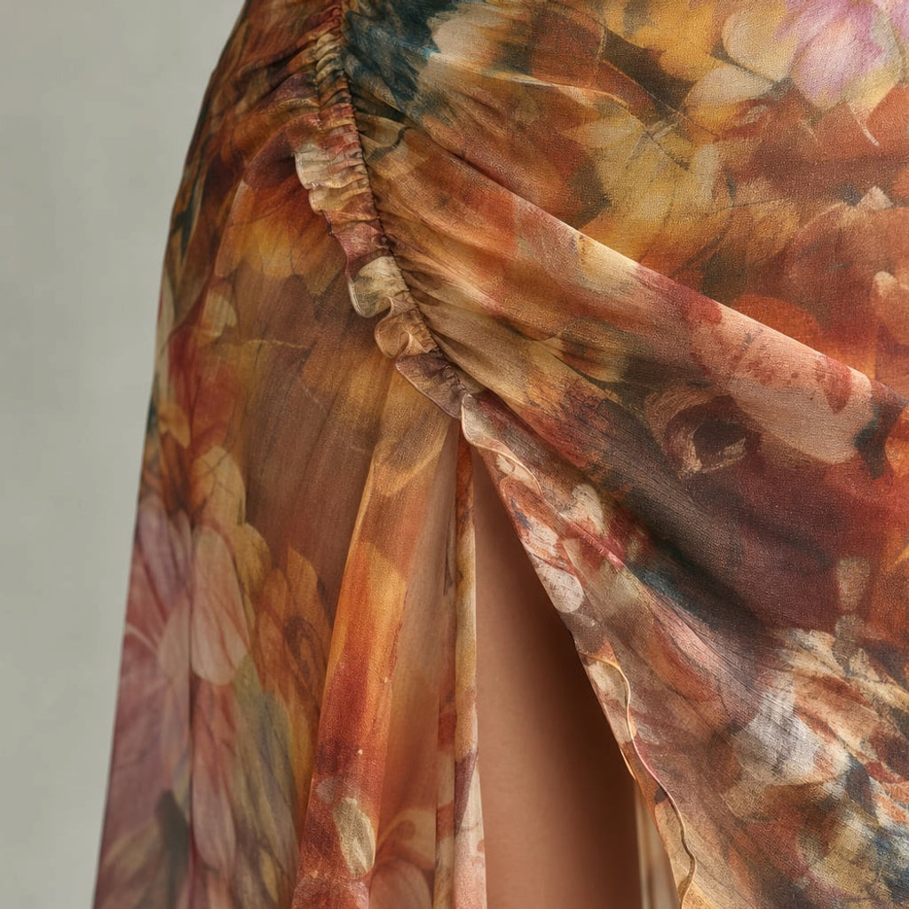 Vestido midi de punto fruncido mangas con volantes multicolor – Labetina