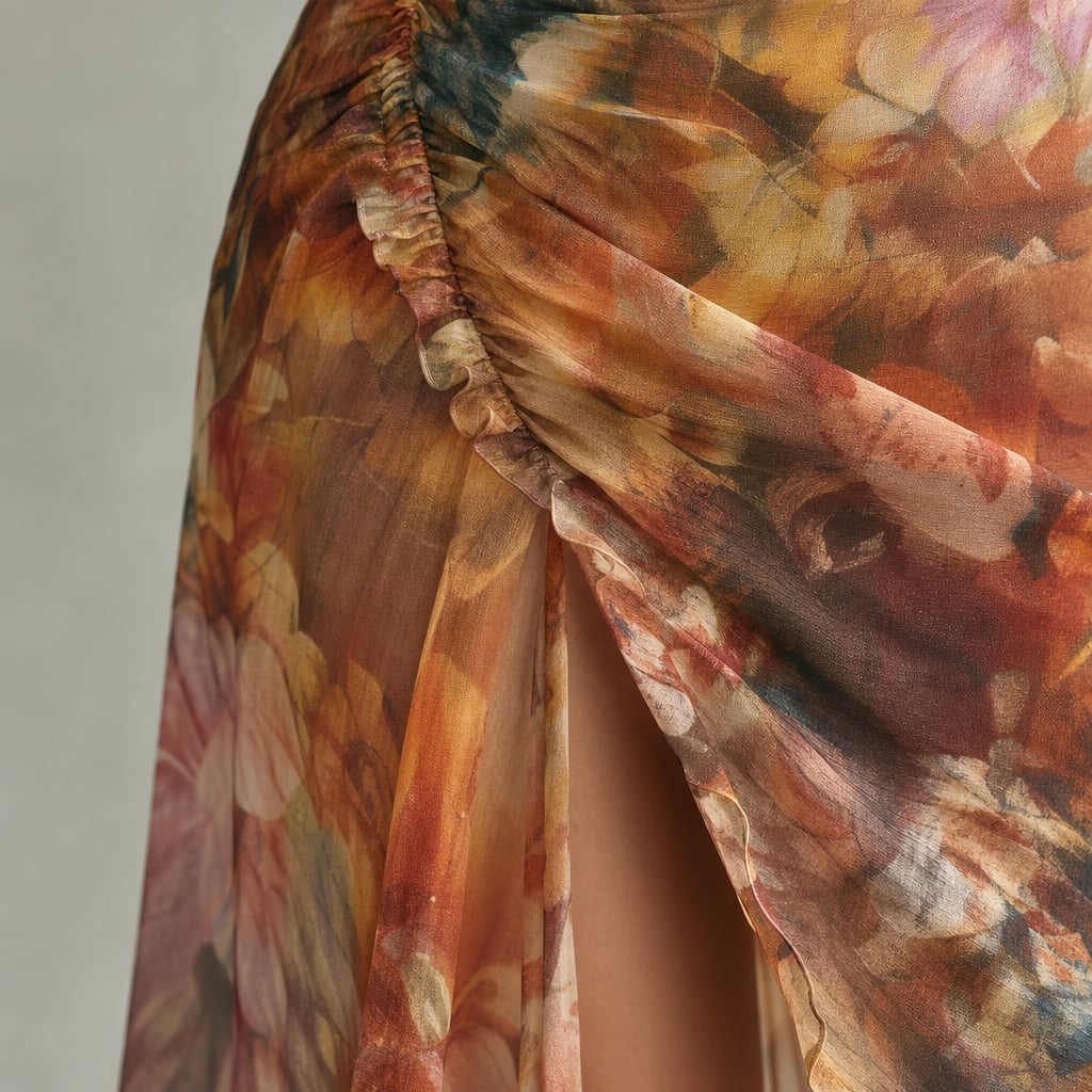 Vestido midi de punto fruncido mangas con volantes multicolor – Labetina