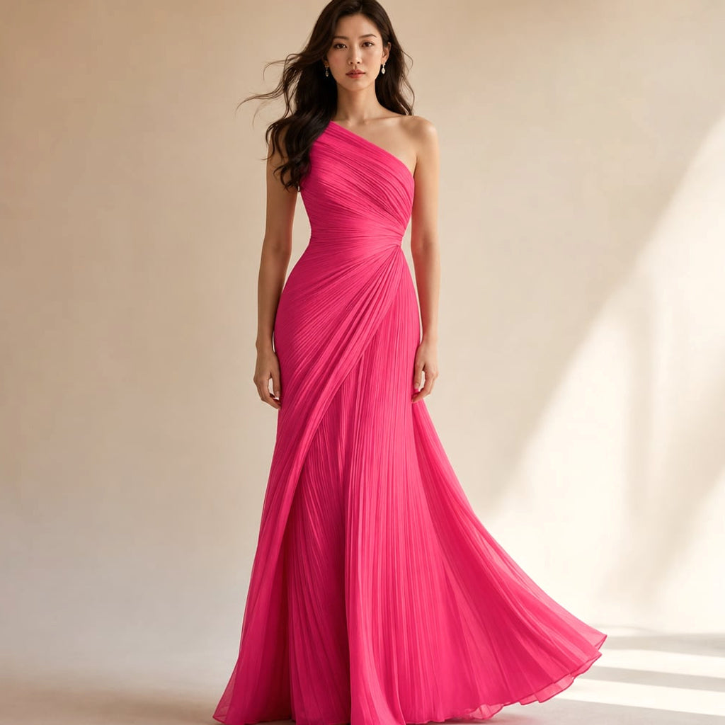 Vestido maxi de un hombro con plisado estructurado en rosa, largo hasta el piso, sobre fondo neutro