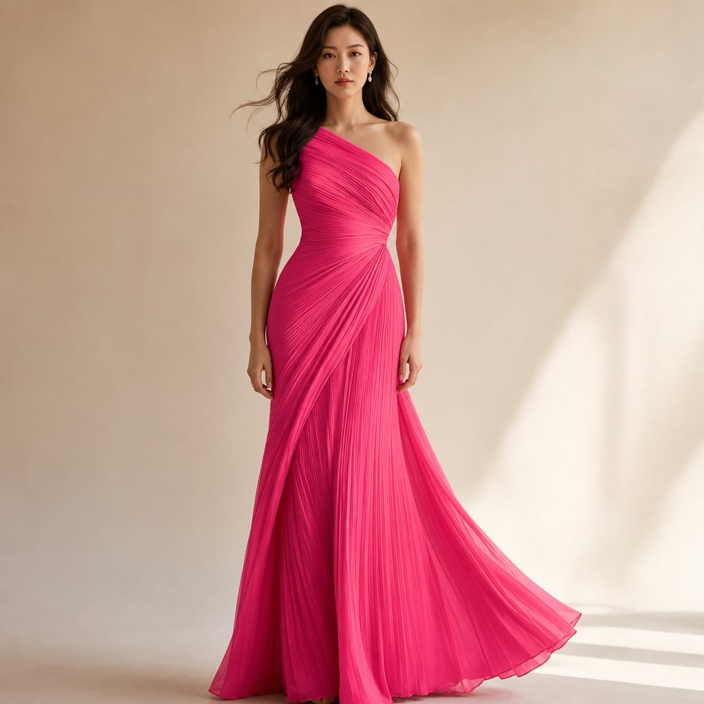 Vestido maxi de un hombro con plisado estructurado en rosa, largo hasta el piso, sobre fondo neutro