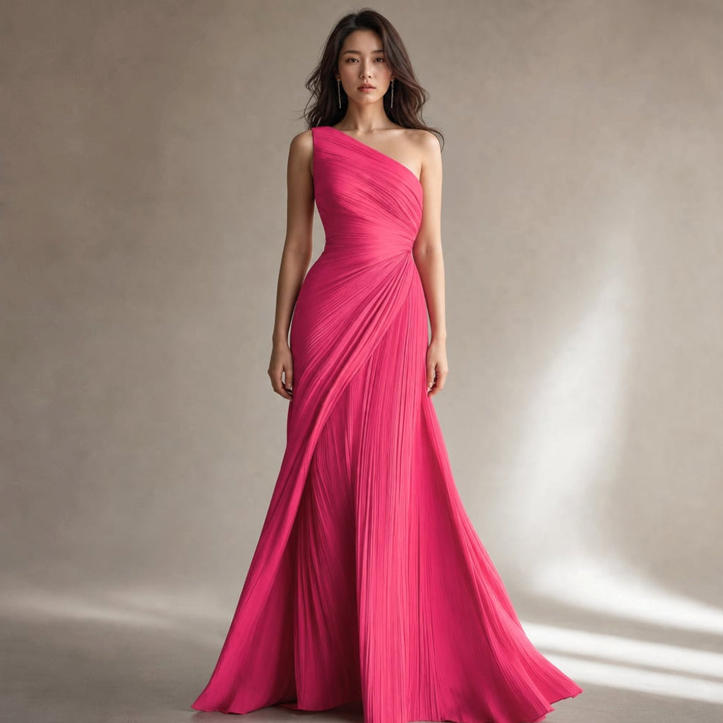 Modelo usando vestido maxi rosa de un hombro con plisado diagonal en el corpiño y falda de vuelo completo