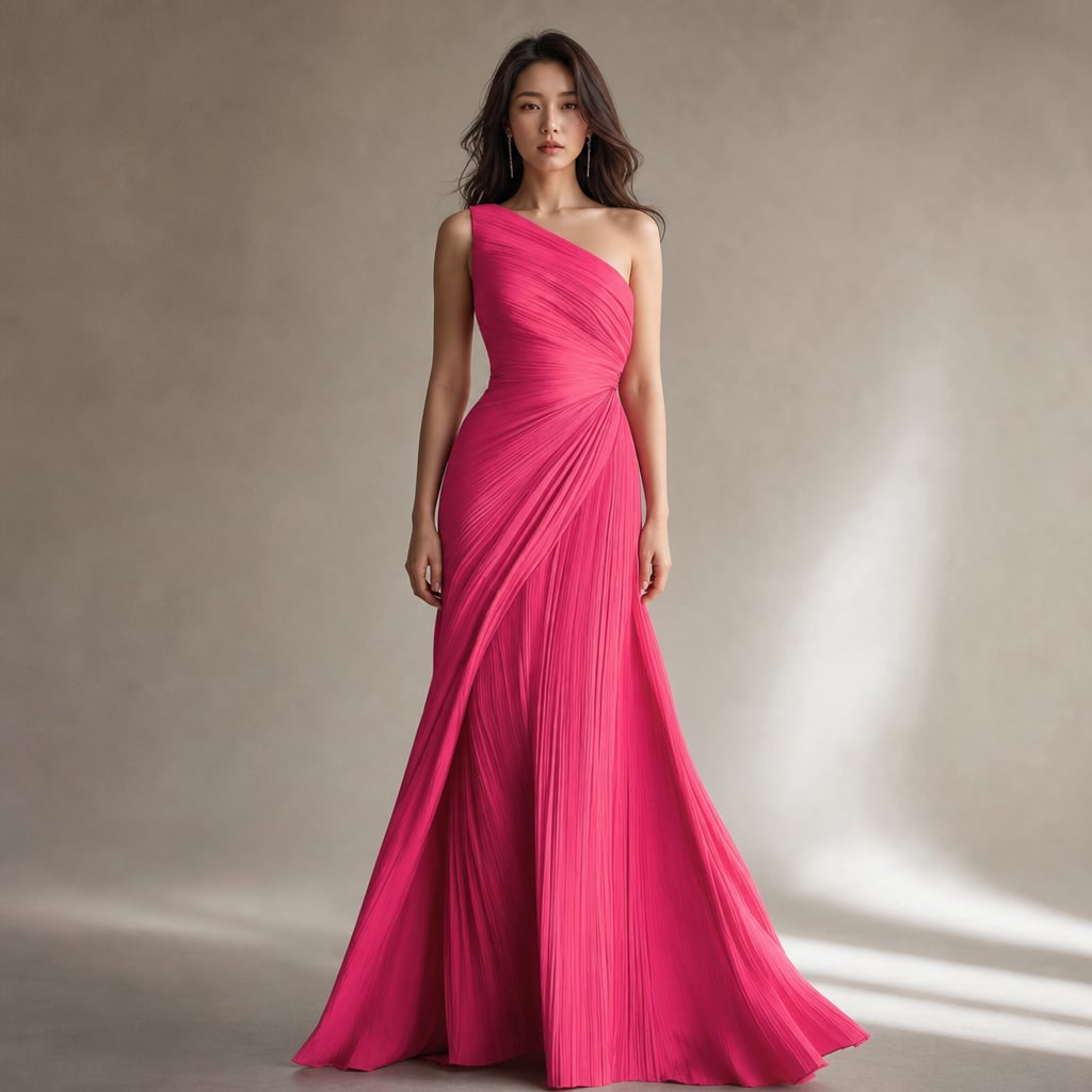 Modelo usando vestido maxi rosa de un hombro con plisado diagonal en el corpiño y falda de vuelo completo
