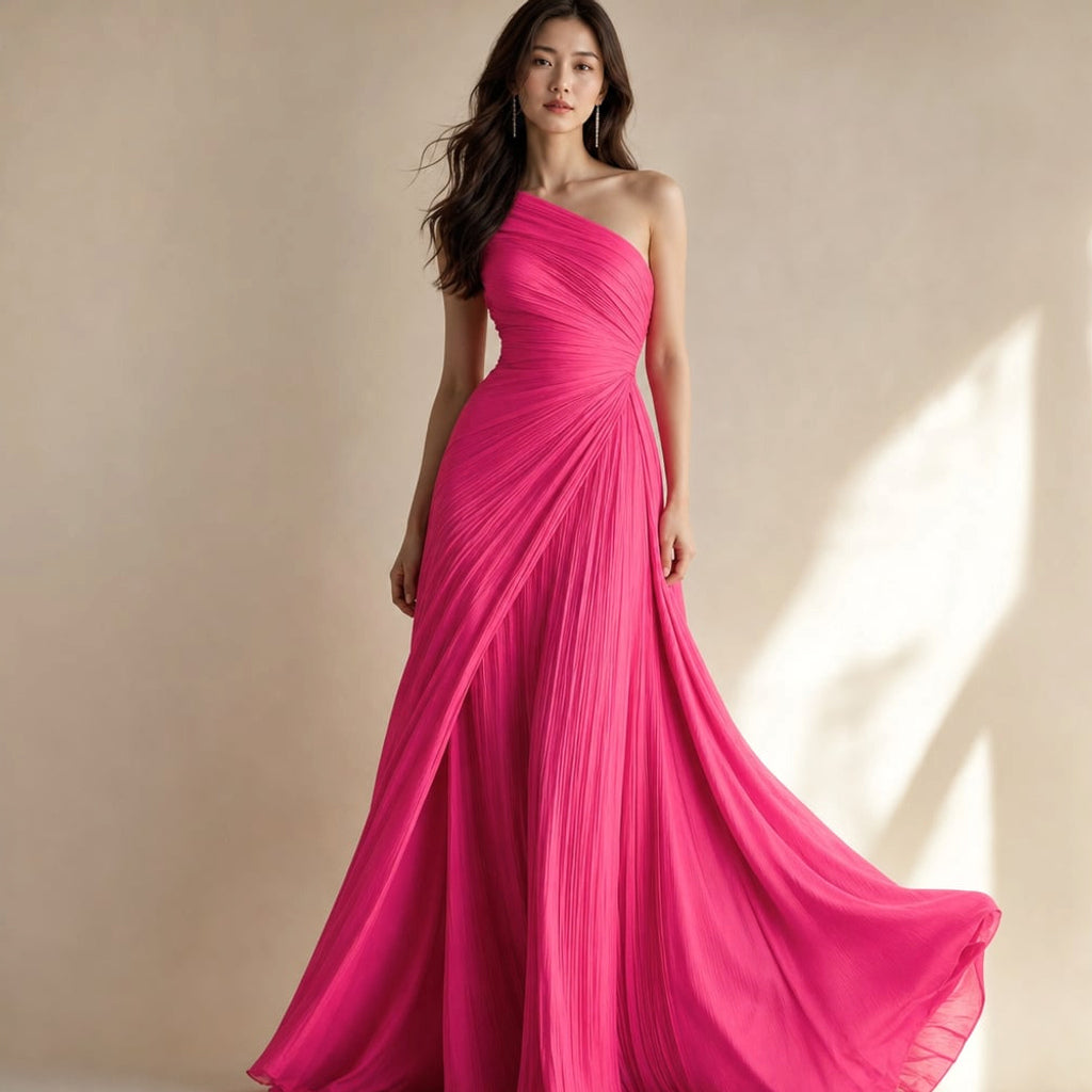 Vestido maxi un hombro con plisado largo de gala rosa – Labetina