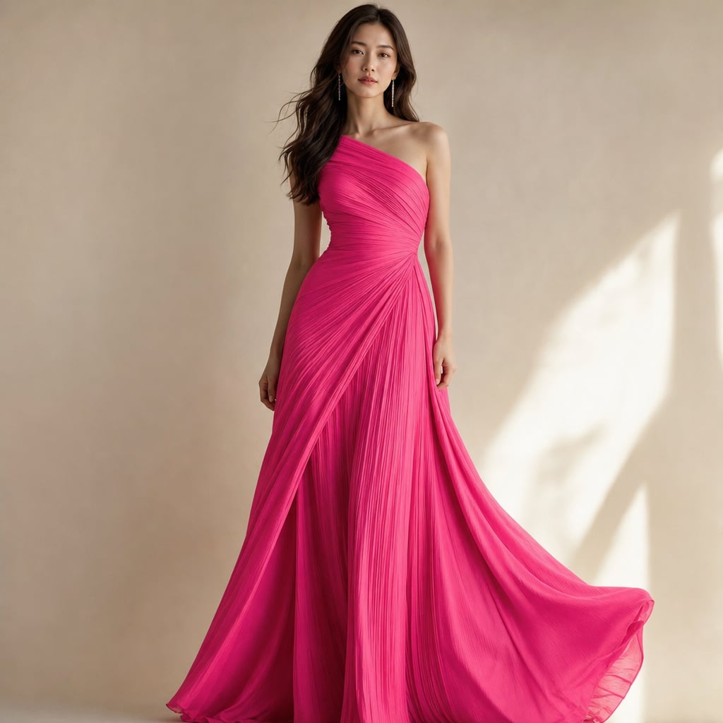 Vestido maxi un hombro con plisado largo de gala rosa – Labetina