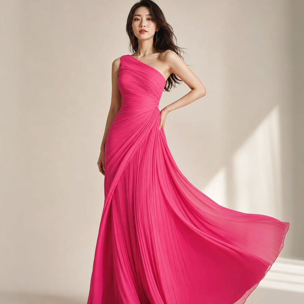 Vestido maxi un hombro con plisado largo de gala rosa – Labetina