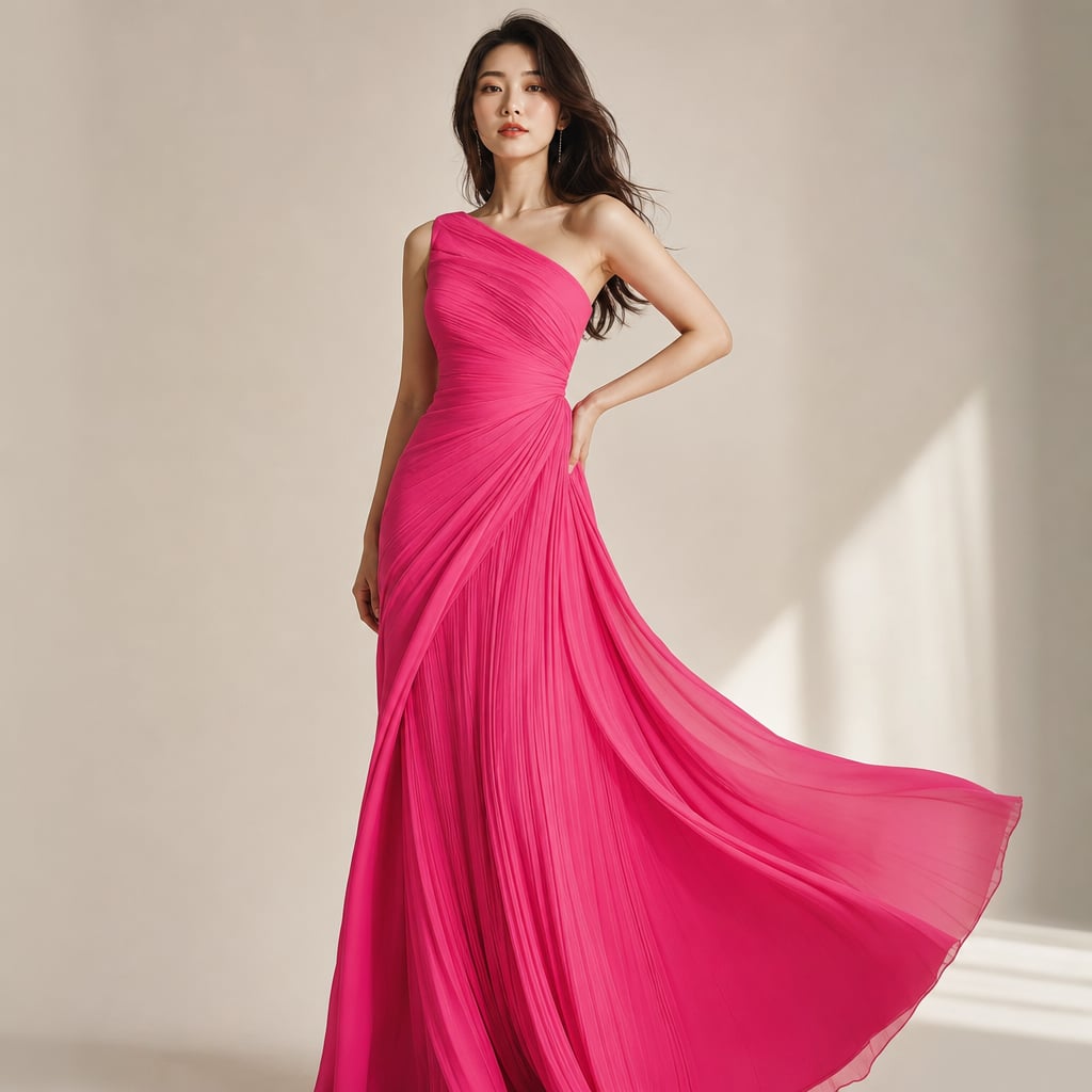 Vestido maxi un hombro con plisado largo de gala rosa – Labetina