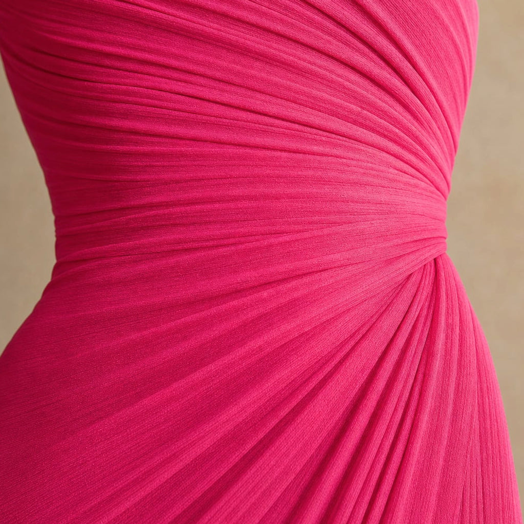 Vestido maxi un hombro con plisado largo de gala rosa – Labetina