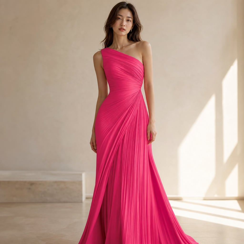 Vestido maxi un hombro con plisado largo de gala rosa – Labetina