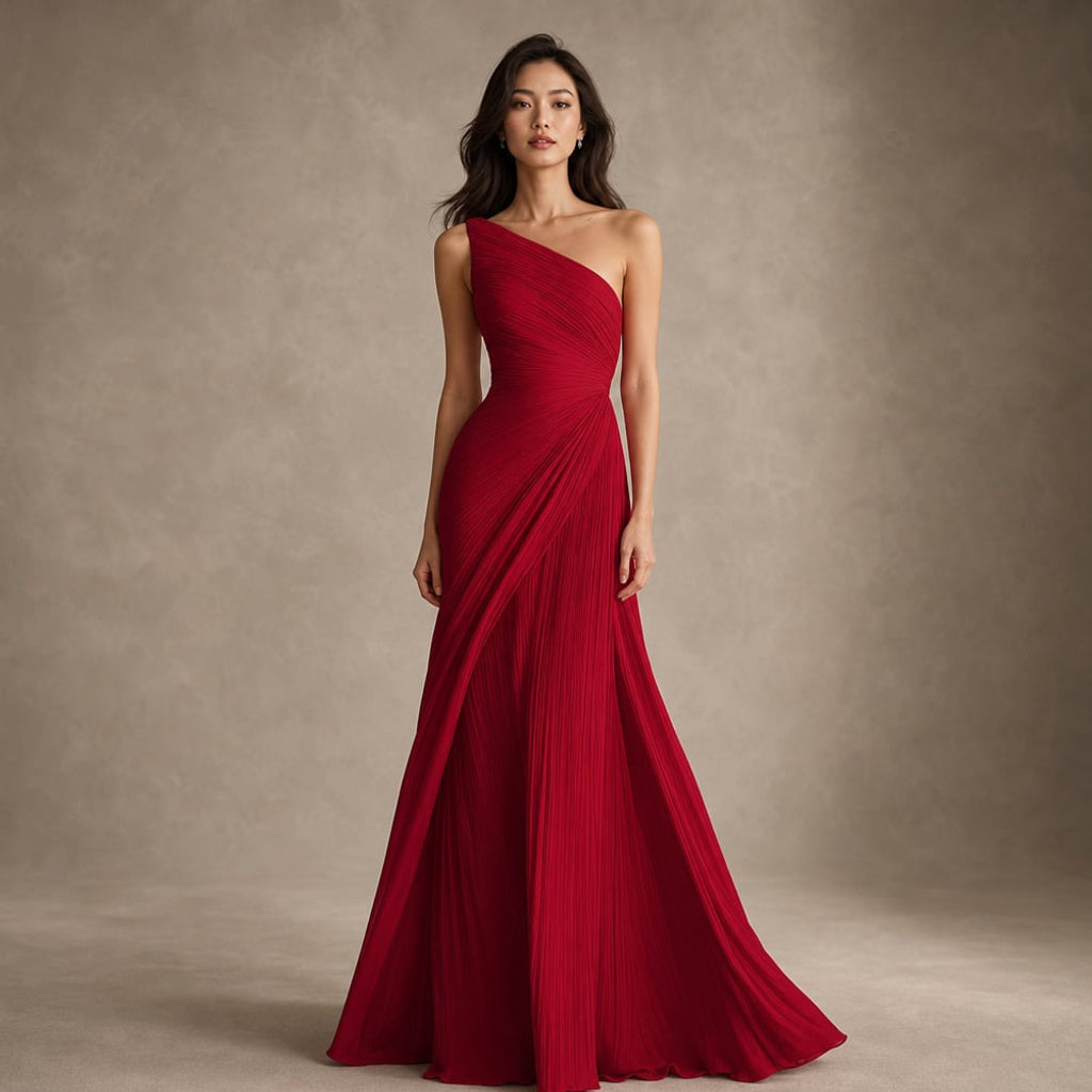 Vestido maxi un hombro con plisado largo de gala rosa en Red – Labetina