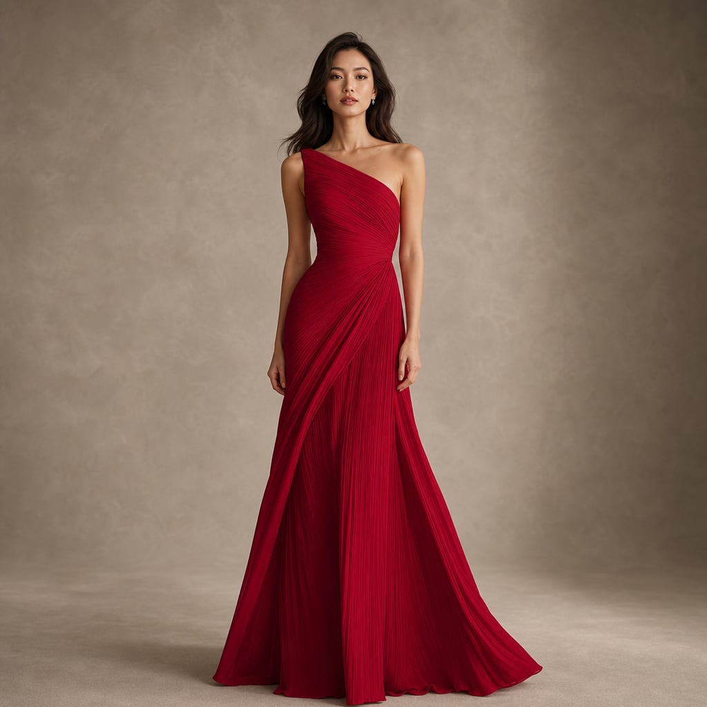 Vestido maxi un hombro con plisado largo de gala rosa en Red – Labetina