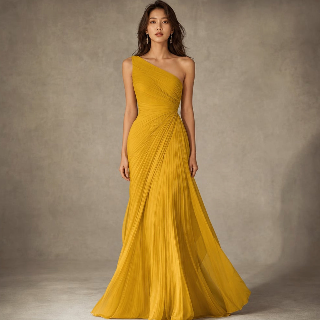 Vestido maxi un hombro con plisado largo de gala rosa en Yellow – Labetina