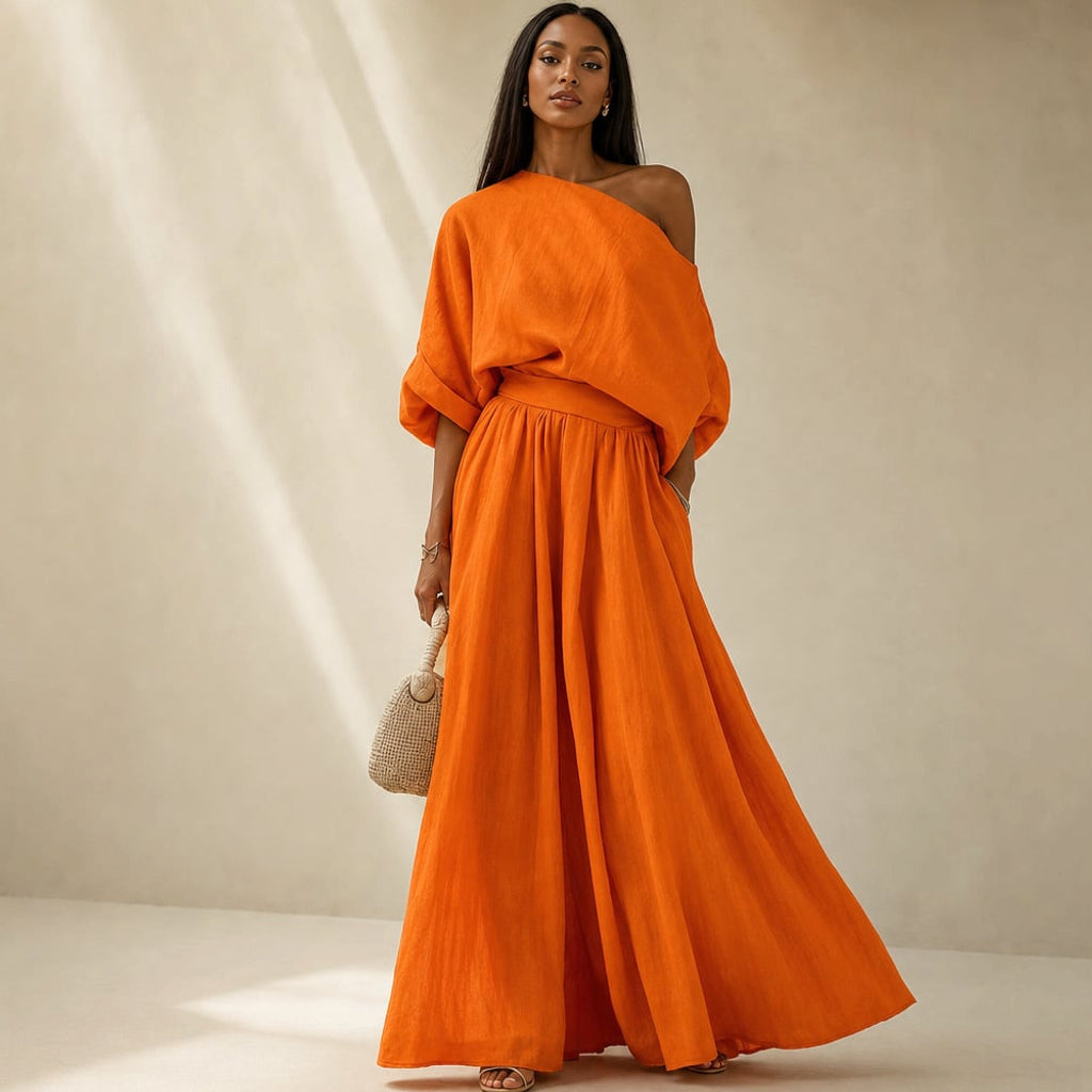Conjunto de lino blusa drapeada pantalón pierna ancha en Orange – Labetina