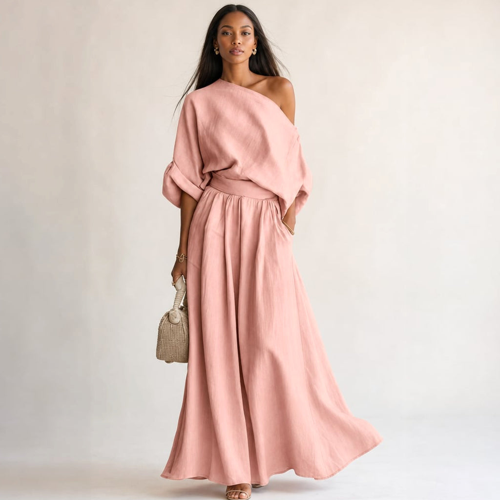 Conjunto de lino blusa drapeada pantalón pierna ancha en Pink – Labetina