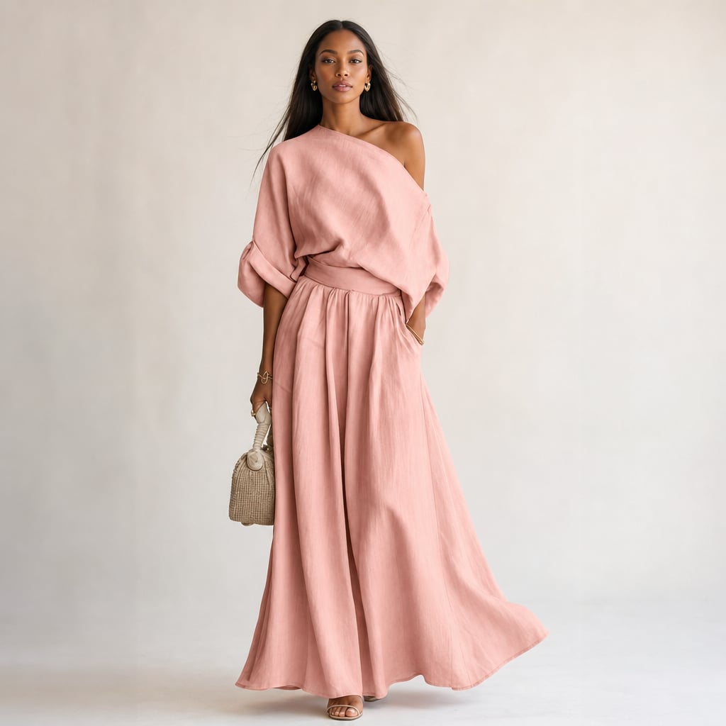Conjunto de lino blusa drapeada pantalón pierna ancha en Pink – Labetina