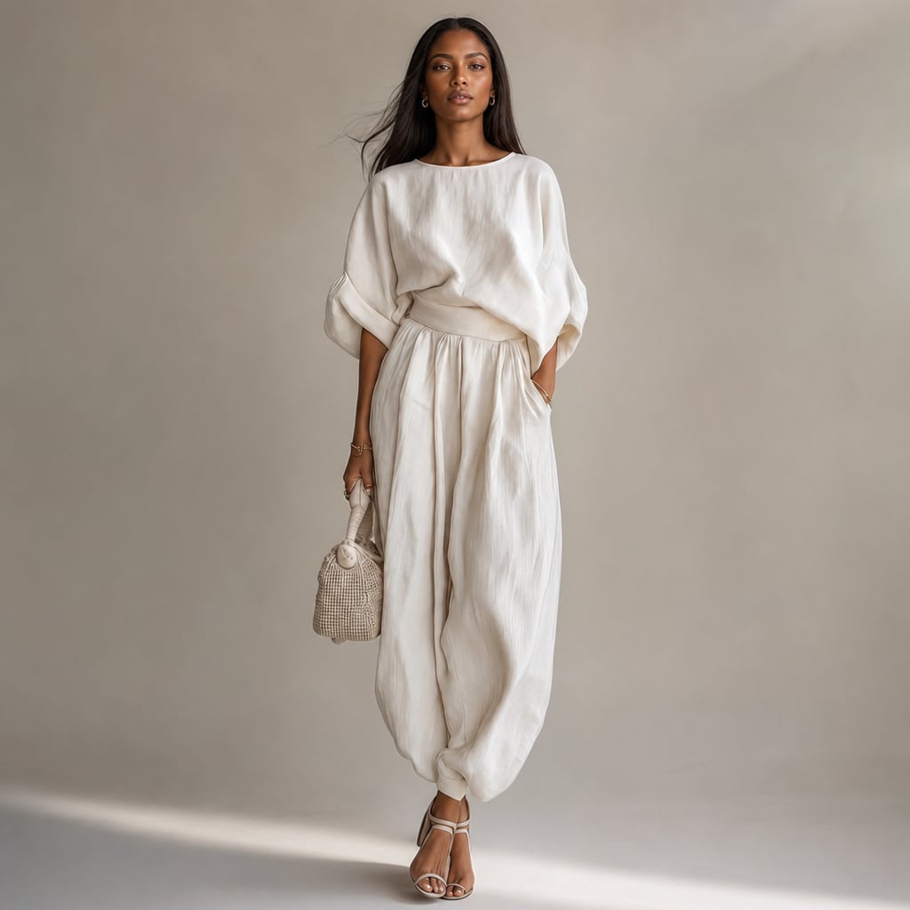 Modelo con conjunto de lino blanco blusa drapeada y pantalón pierna ancha tiro alto