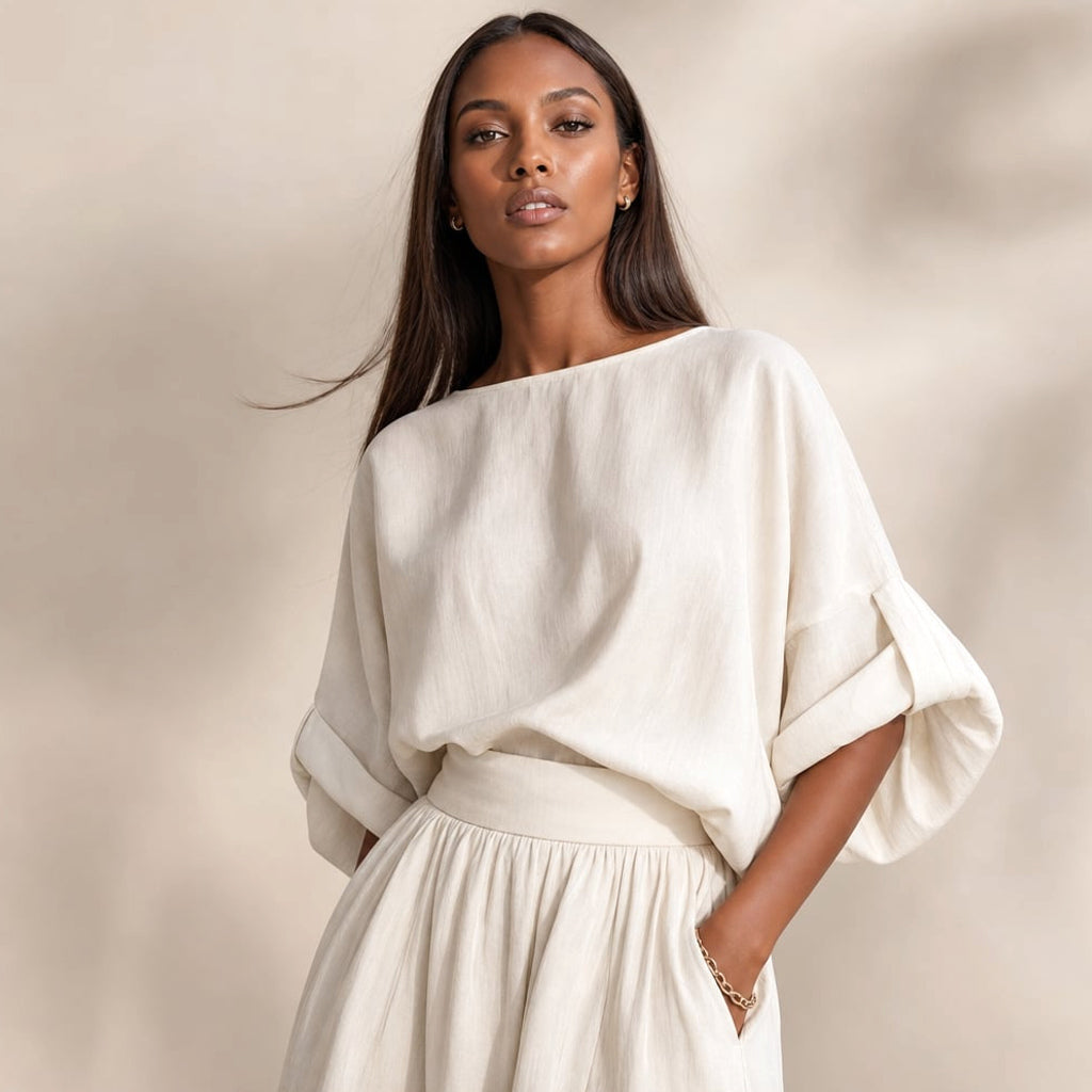 Conjunto de lino blusa drapeada pantalón pierna ancha – Labetina