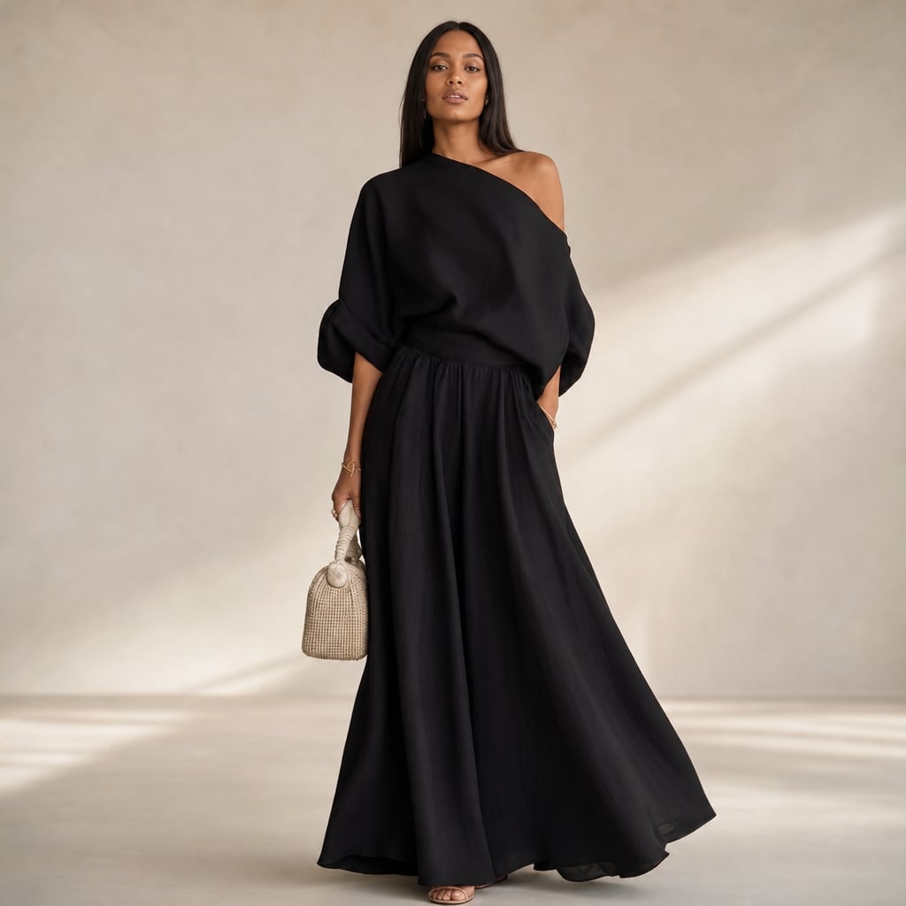 Conjunto de lino blusa drapeada pantalón pierna ancha en Black – Labetina