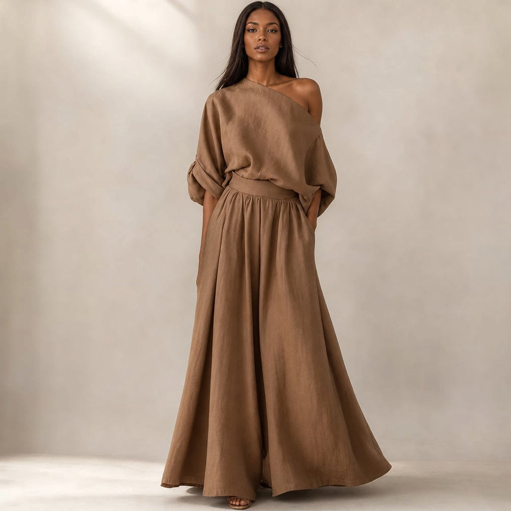 Conjunto de lino blusa drapeada pantalón pierna ancha en Brown – Labetina