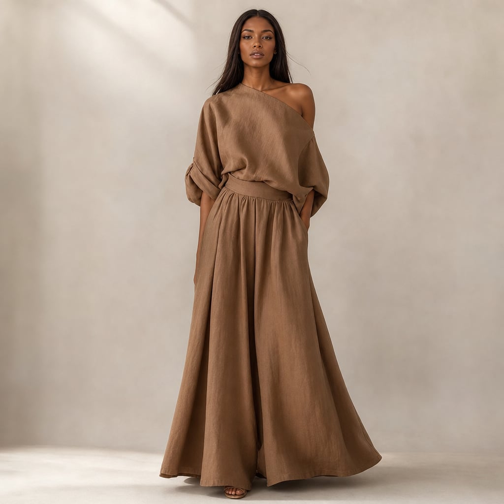 Conjunto de lino blusa drapeada pantalón pierna ancha en Brown – Labetina